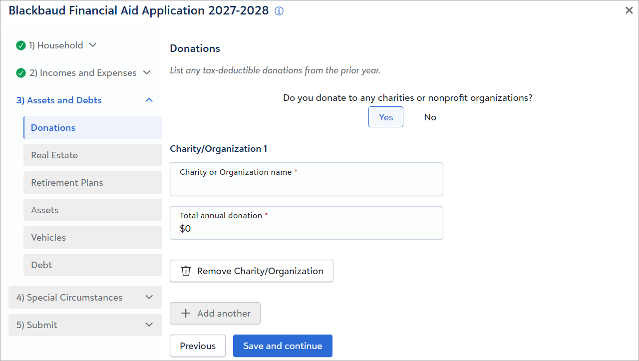 Screenshot of section M. Donations 